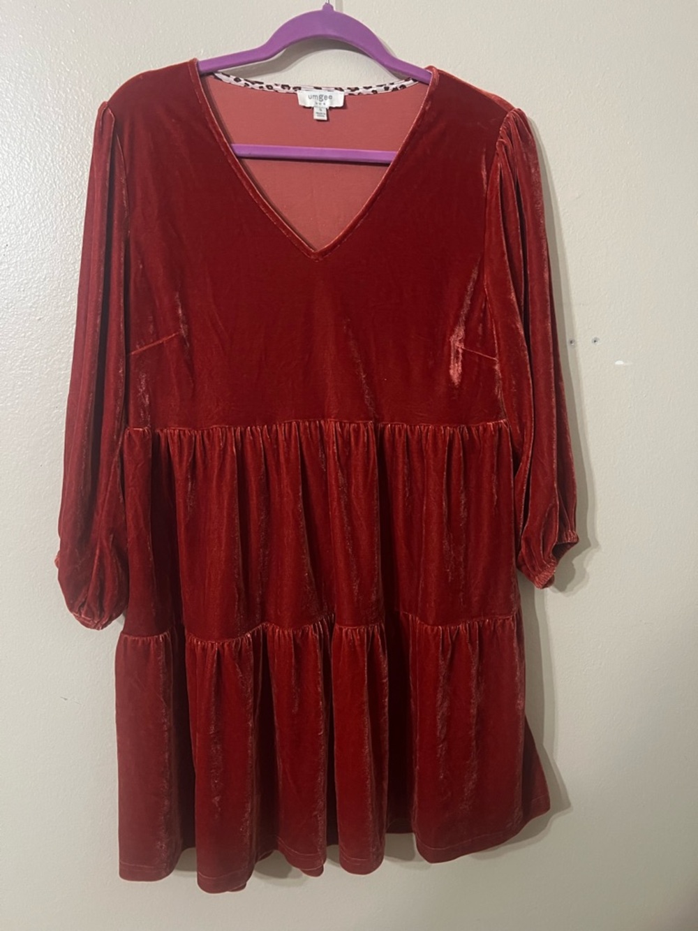 Umgee Velvet Tiered Long Sleeve Dress in Rust